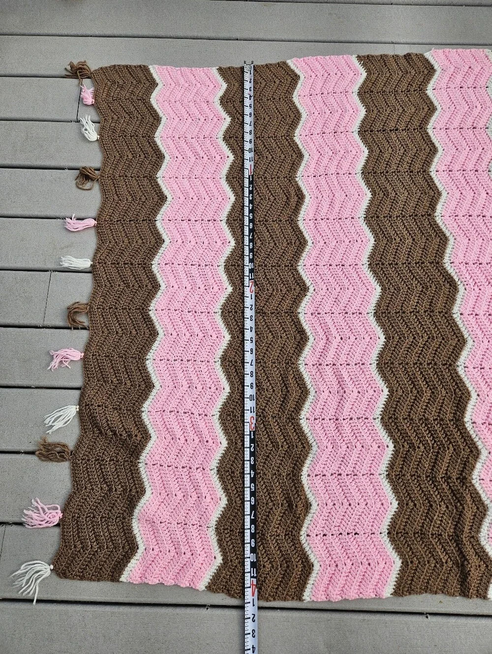 48x43 Brown and pink chevron crochet blanket with white stripes and tassels #che